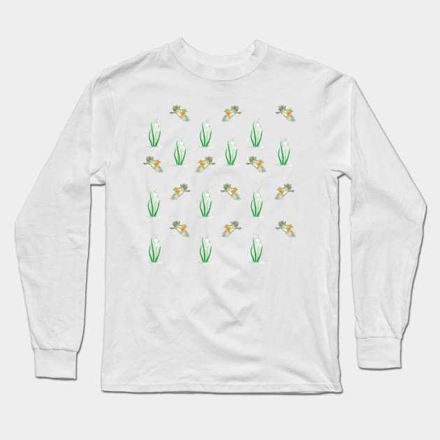 Robin Birds and Snowdrops Pattern Long Sleeve T-Shirt by Julia Doria Illustration